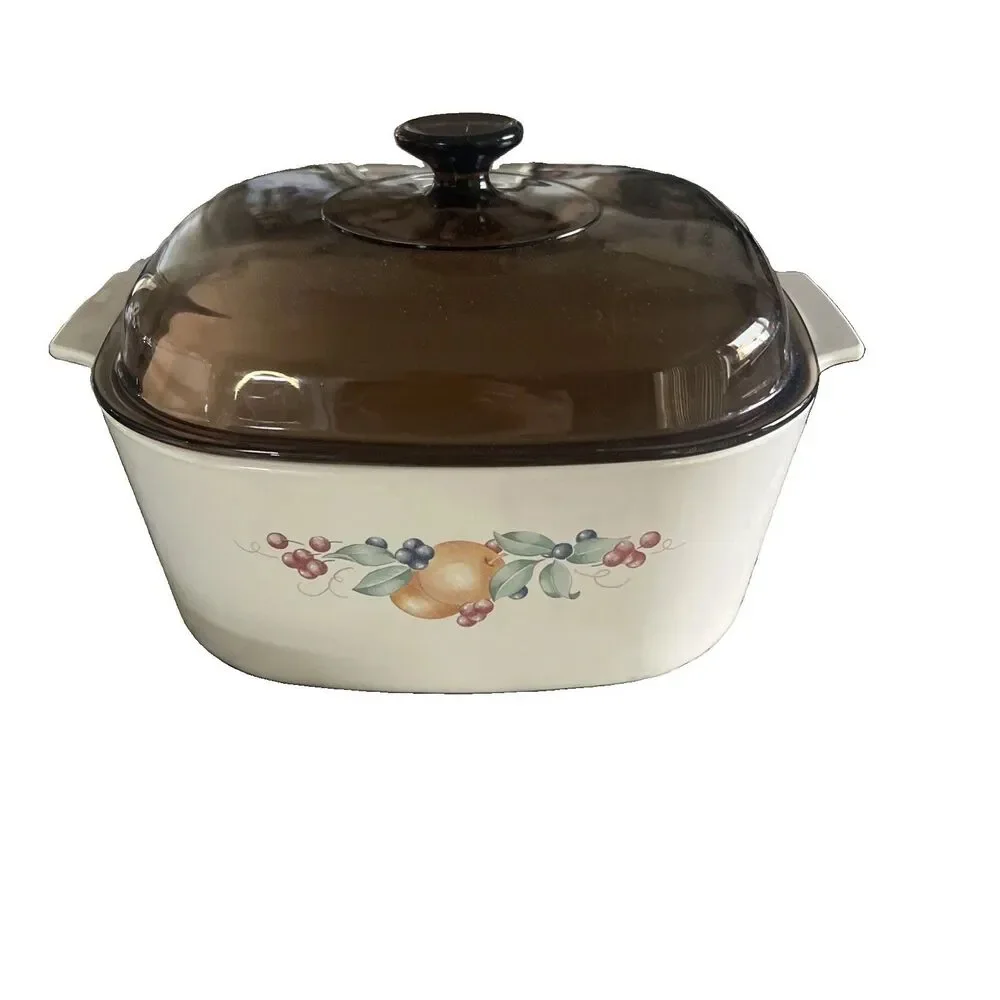 Vintage Corning Ware Abundance Pattern Casserole Set with Amber Lids (8 Pieces)